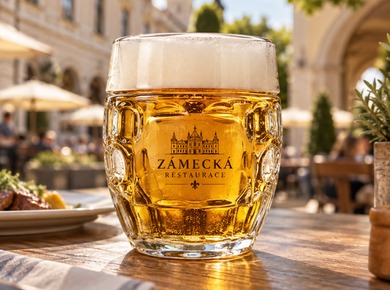 Pivní džbánek s logem restaurace na venkovní zahrádce